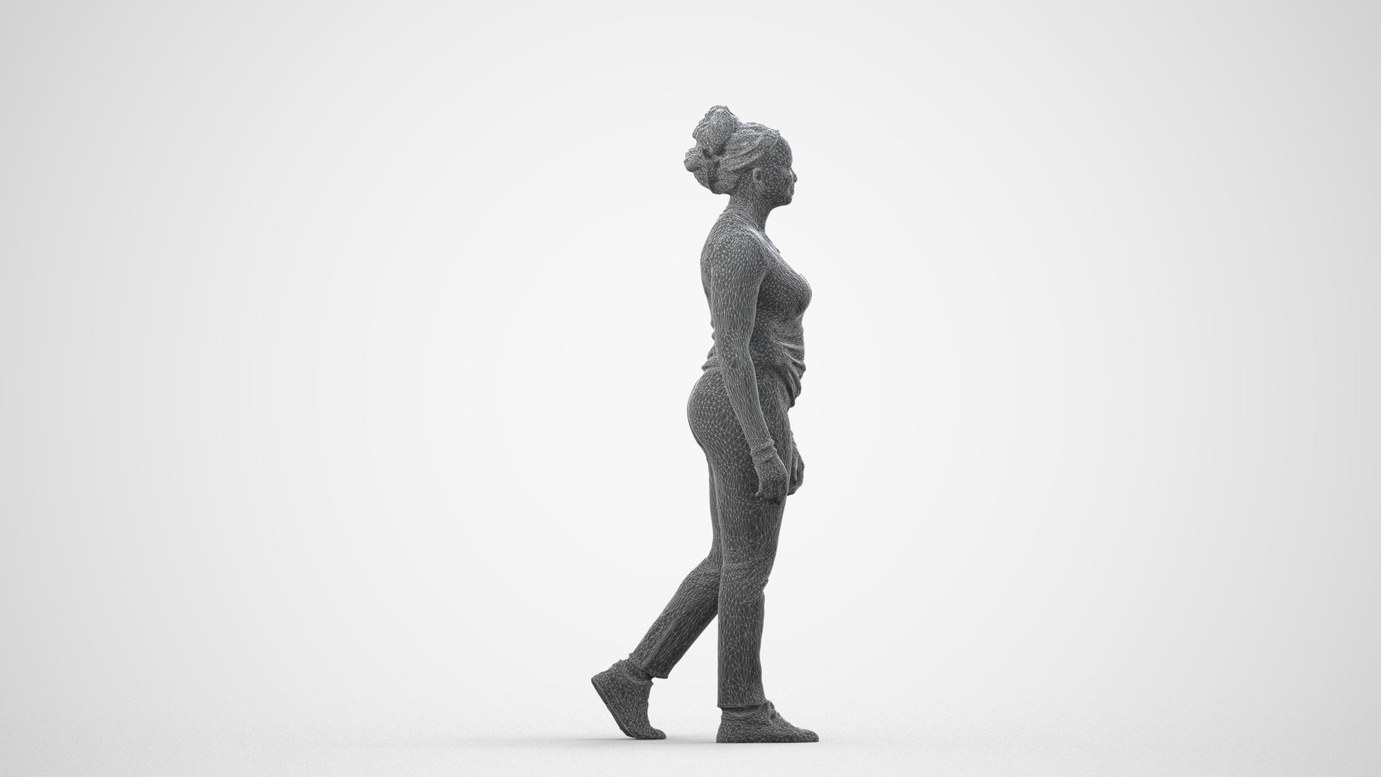 3D scanned woman walking casual, photorealistic archviz people for Enscape and SketchUp, wireframe side view