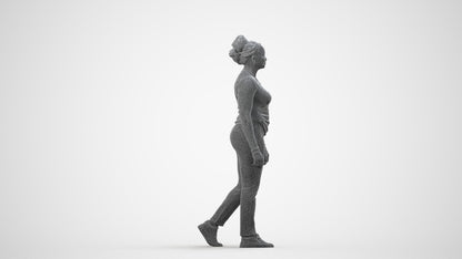 3D scanned woman walking casual, photorealistic archviz people for Enscape and SketchUp, wireframe side view