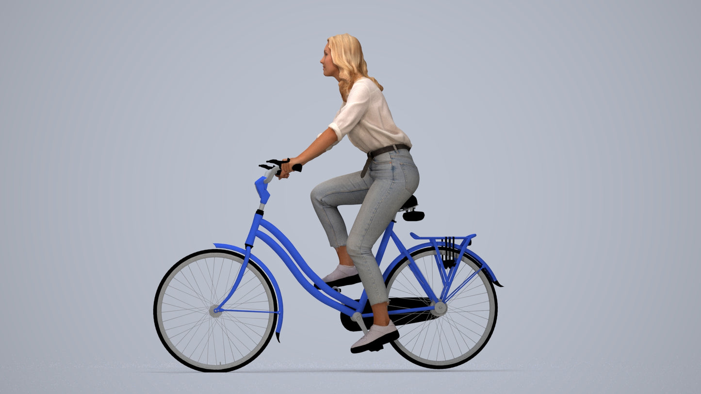 realistic 3D people woman casual cycling, render-ready for V-Ray and Corona, FBX OBJ, top-down view render