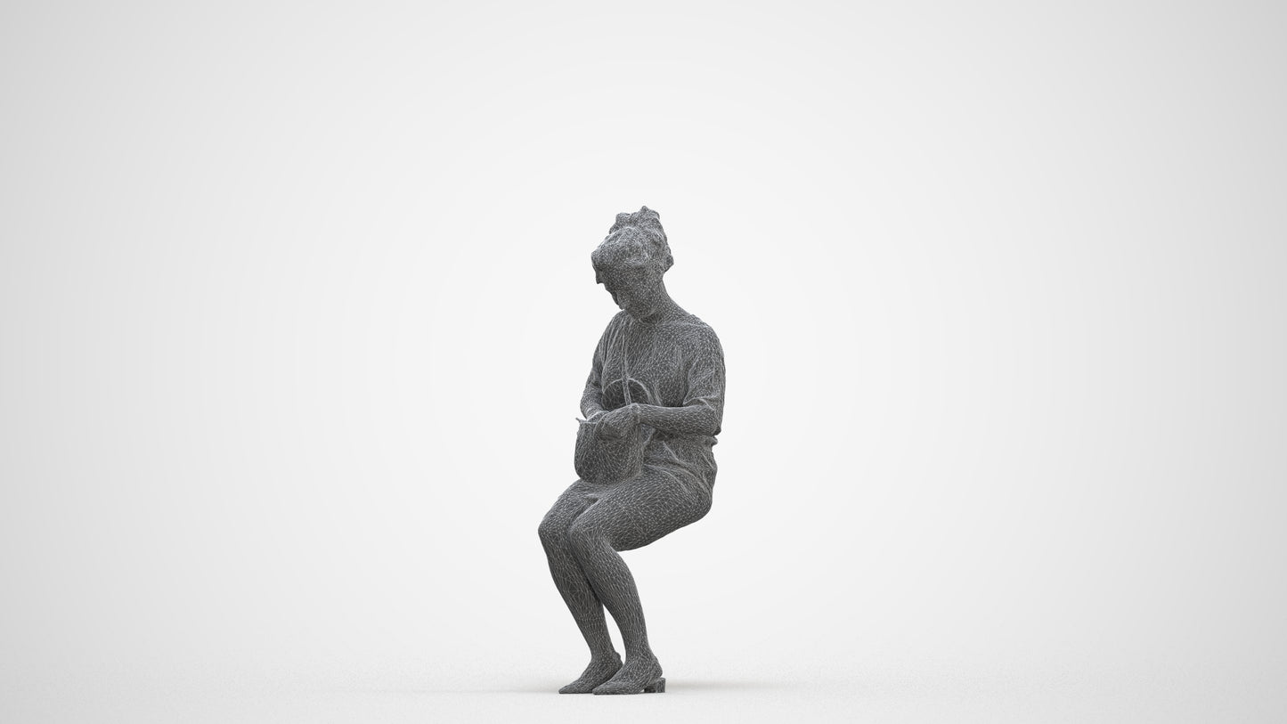 3D scanned woman sitting casual, photorealistic archviz people for Enscape and SketchUp, three-quarter front view render