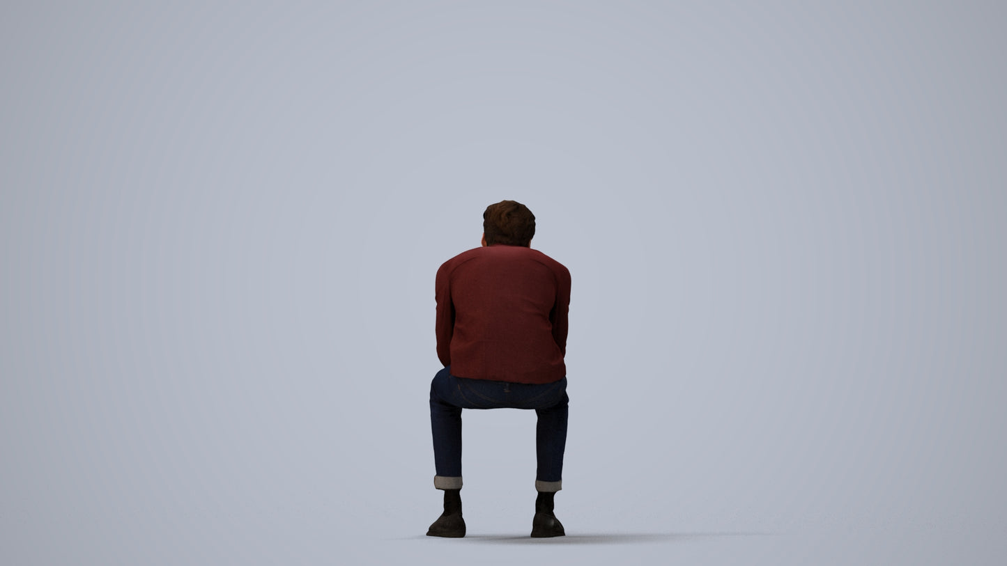 3D people model man casual sitting, scanned human for 3ds Max rendering, three-quarter view render