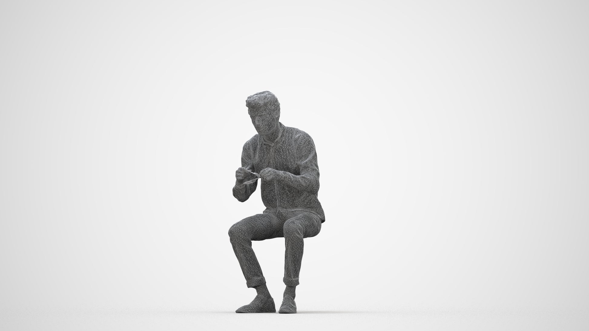scanned 3D man casual sitting, photogrammetry people for Enscape and V-Ray, wireframe back view
