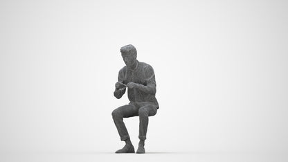 scanned 3D man casual sitting, photogrammetry people for Enscape and V-Ray, wireframe back view