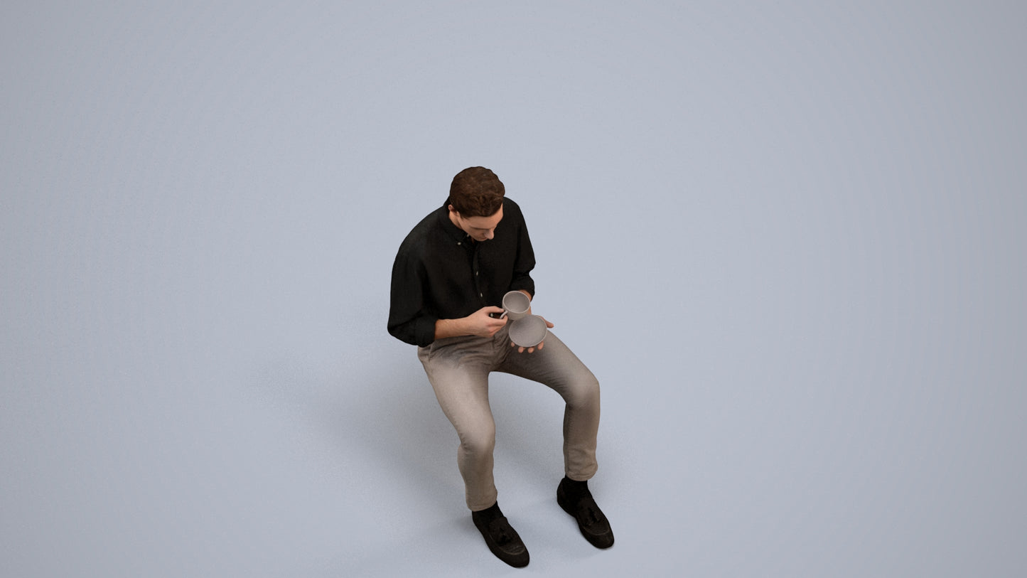 realistic 3D people man casual sitting, render-ready for V-Ray and Corona, FBX OBJ, back view render