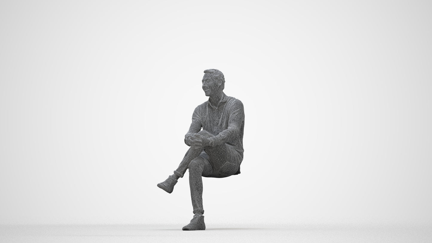 realistic 3D human man casual sitting, archviz people FBX OBJ for Blender, wireframe back view