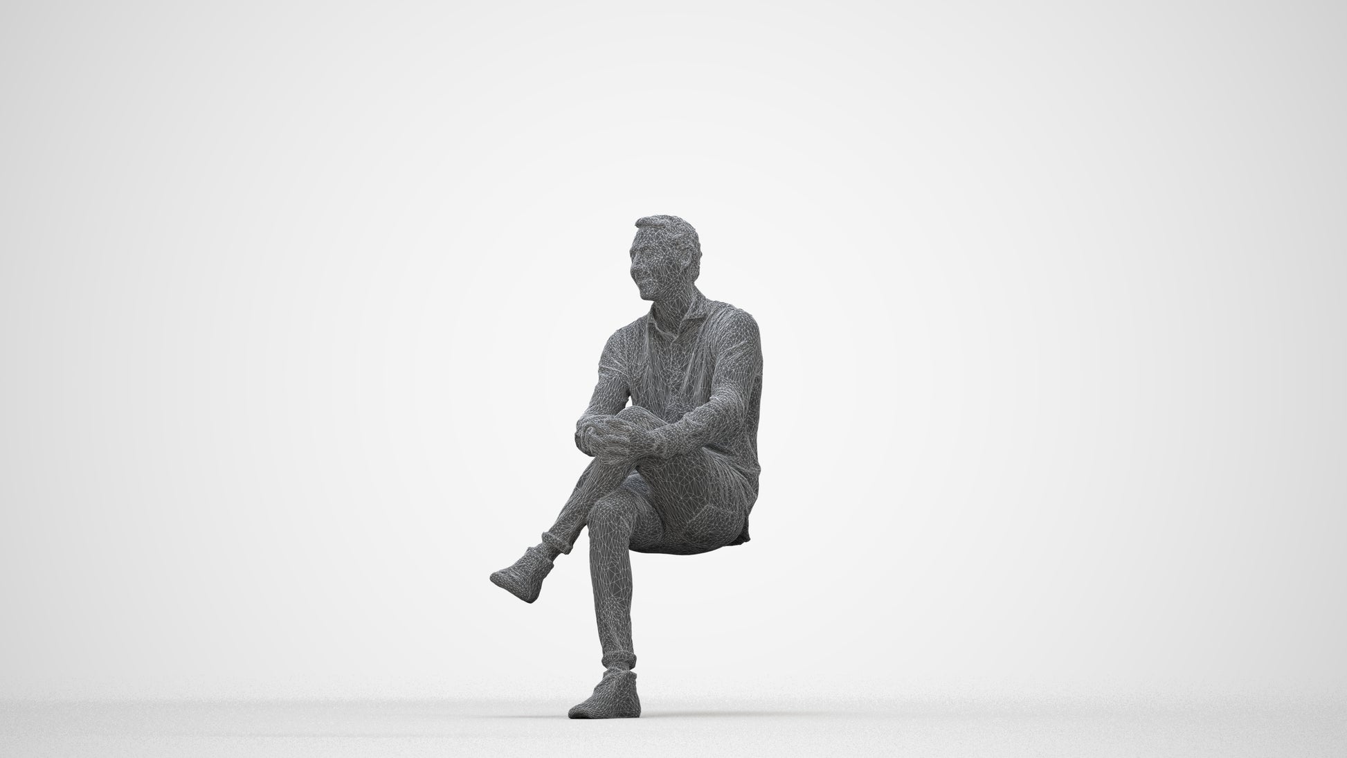 realistic 3D human man casual sitting, archviz people FBX OBJ for Blender, wireframe back view