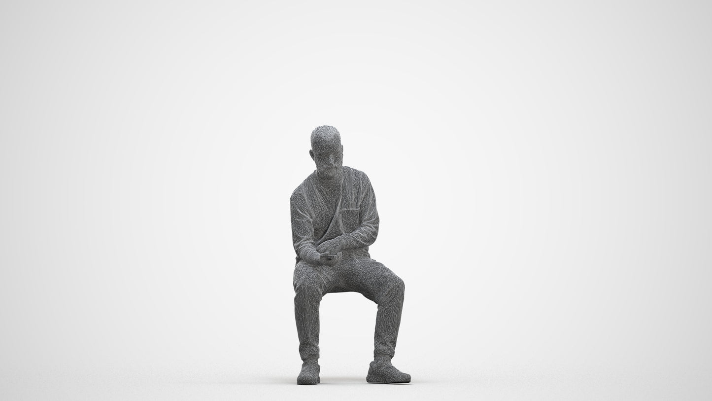 3D people model man casual sitting, scanned human for 3ds Max rendering, three-quarter front view render