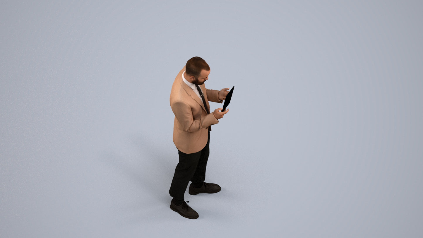 realistic 3D man business standing, scanned archviz people for Blender and 3ds Max, back view render