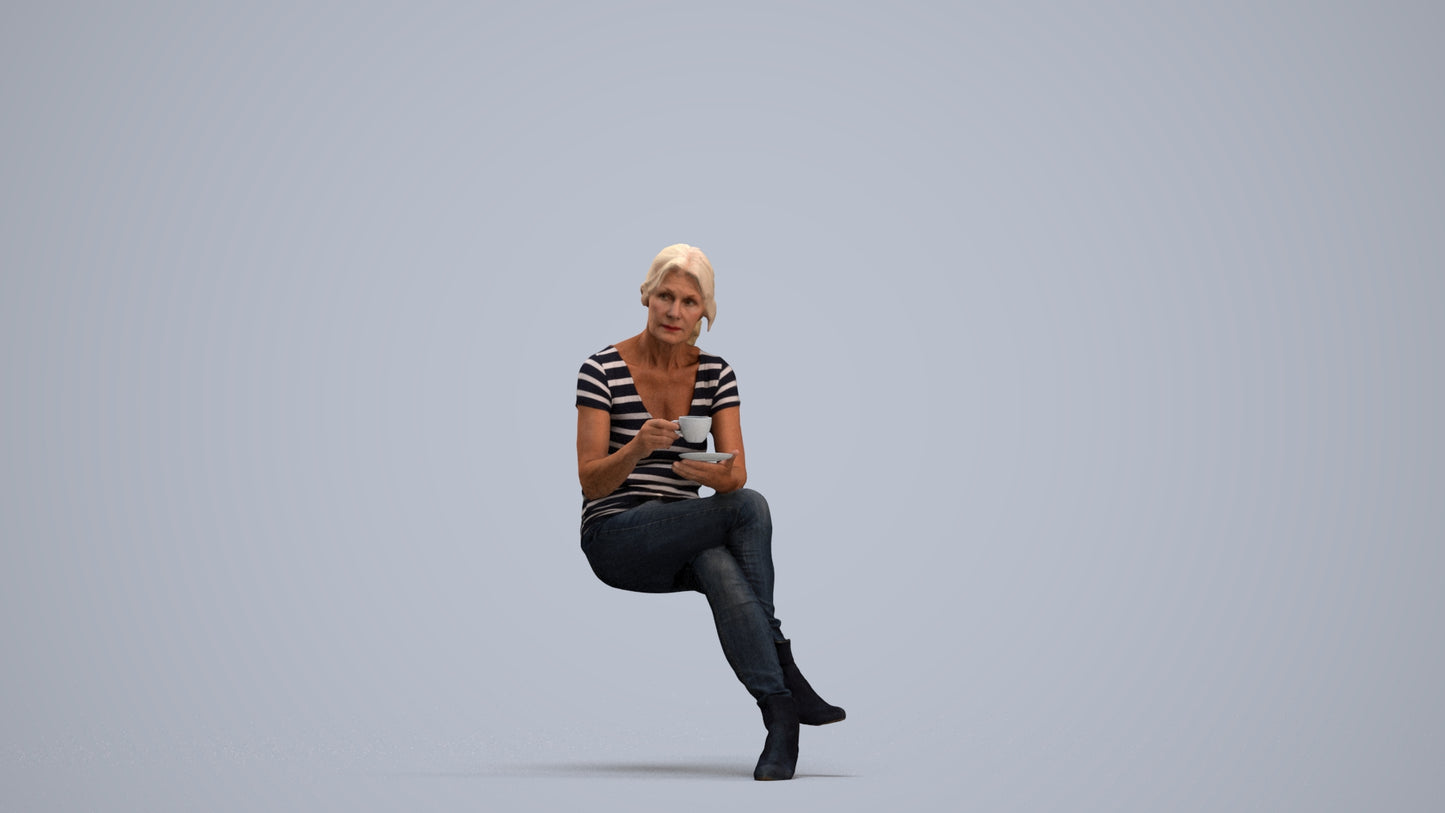 3D scanned senior woman sitting casual, photorealistic archviz people for Enscape and SketchUp, standing pose render