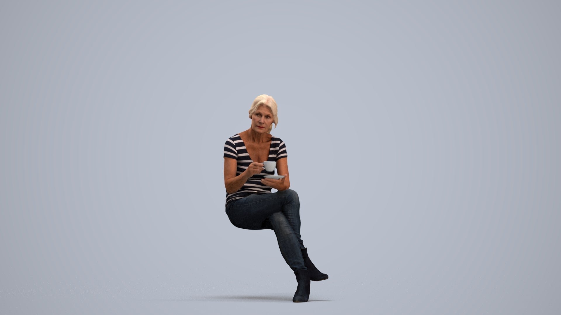 3D scanned senior woman sitting casual, photorealistic archviz people for Enscape and SketchUp, standing pose render