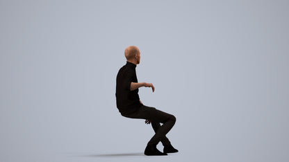 3D human model man casual sitting, photogrammetry scanned person for archviz, side view render
