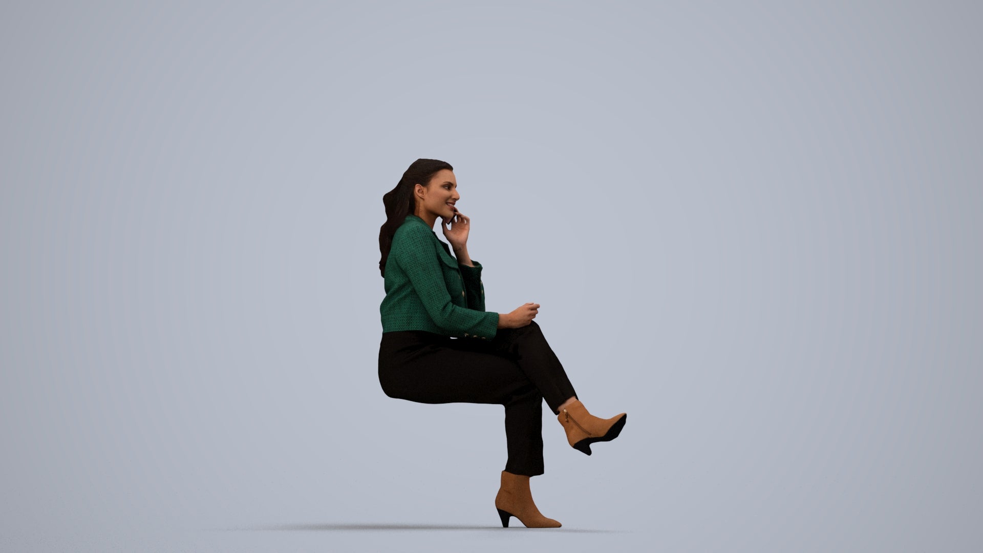 realistic 3D human woman business sitting, archviz people FBX OBJ for Blender, side view render