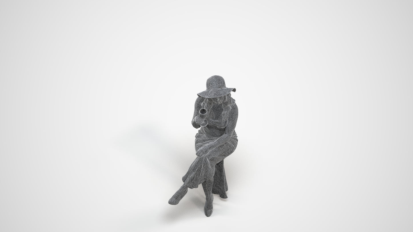 3D scanned woman sitting casual, photorealistic archviz people for Enscape and SketchUp, wireframe three-quarter view