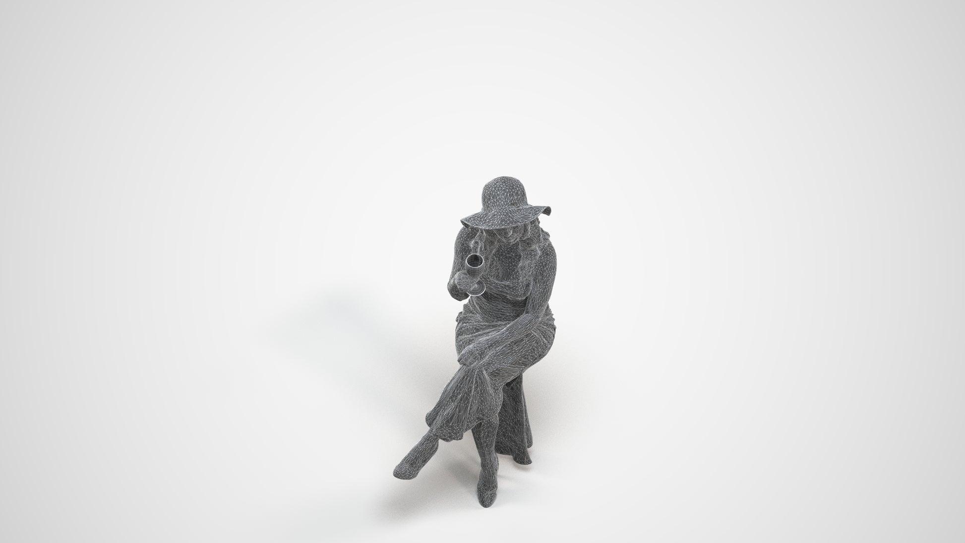 3D scanned woman sitting casual, photorealistic archviz people for Enscape and SketchUp, wireframe three-quarter view