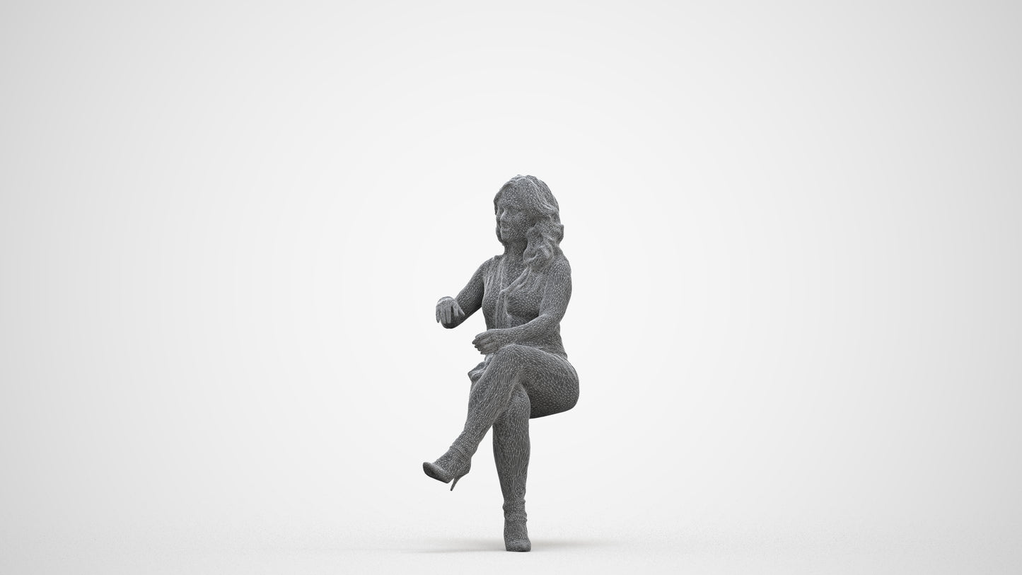 realistic 3D human woman casual sitting, archviz people FBX OBJ for Blender, three-quarter front view render