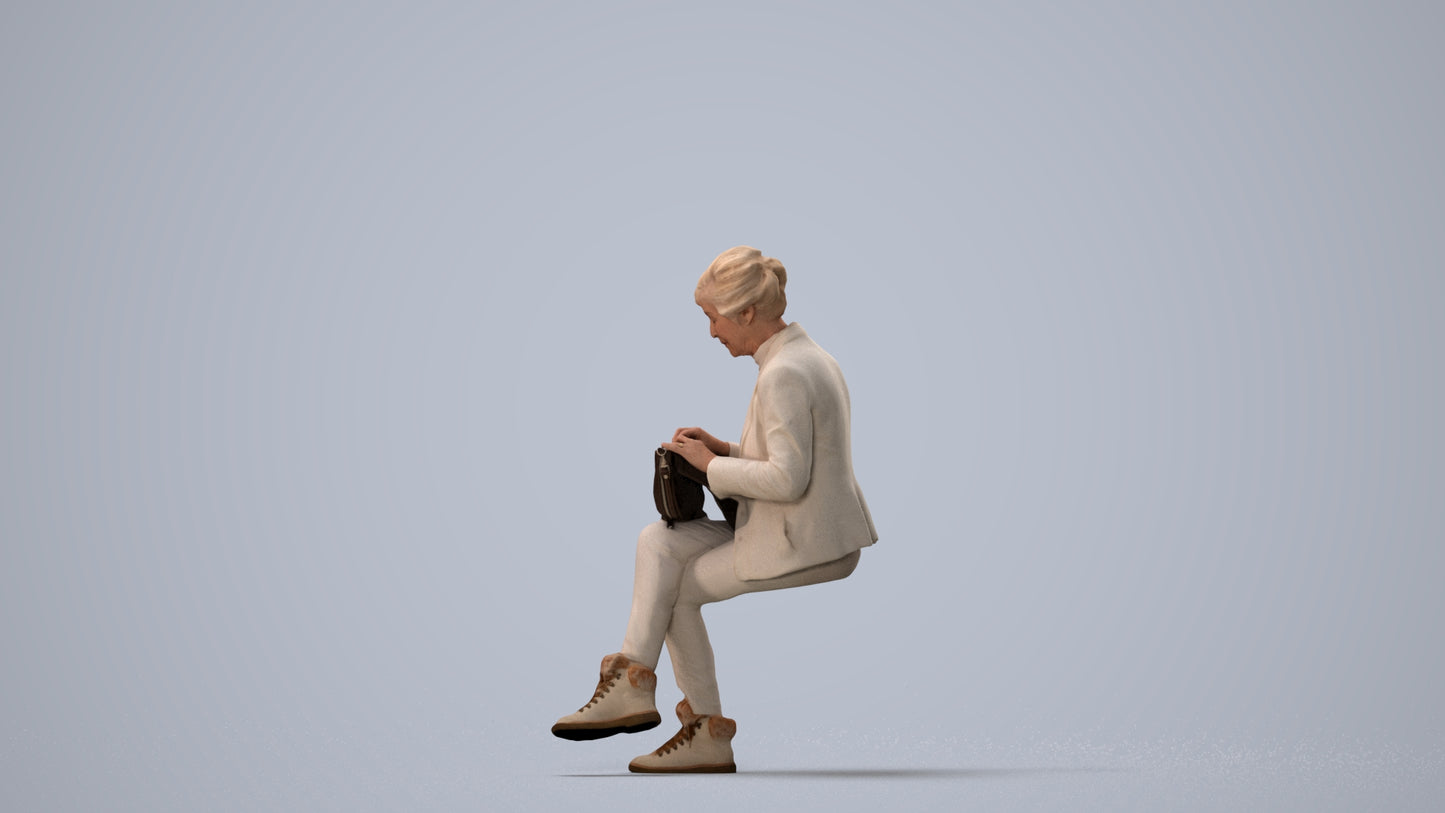photogrammetry 3D senior woman business sitting, realistic human model archviz FBX, three-quarter view render