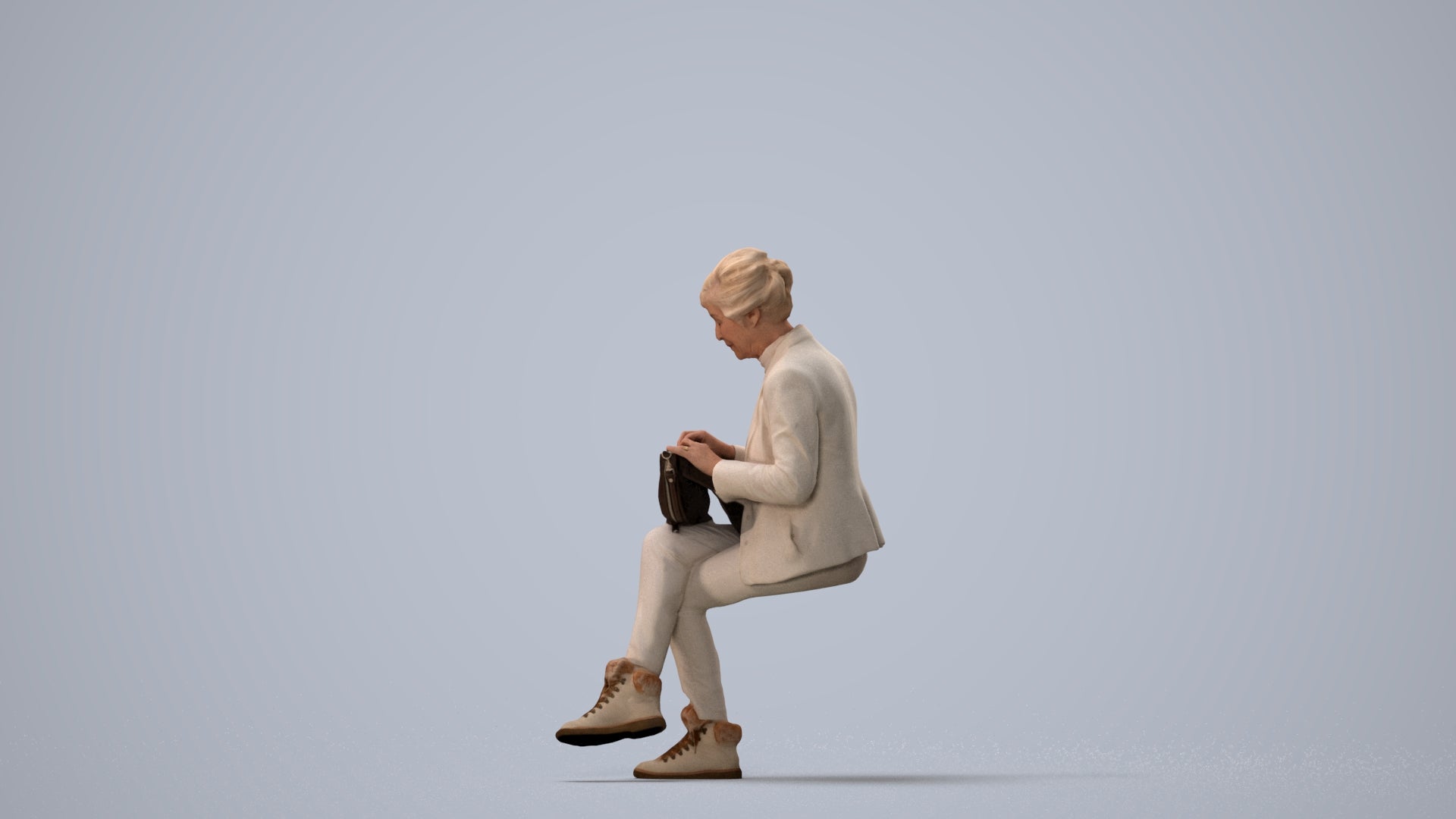 photogrammetry 3D senior woman business sitting, realistic human model archviz FBX, three-quarter view render