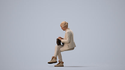 photogrammetry 3D senior woman business sitting, realistic human model archviz FBX, three-quarter view render