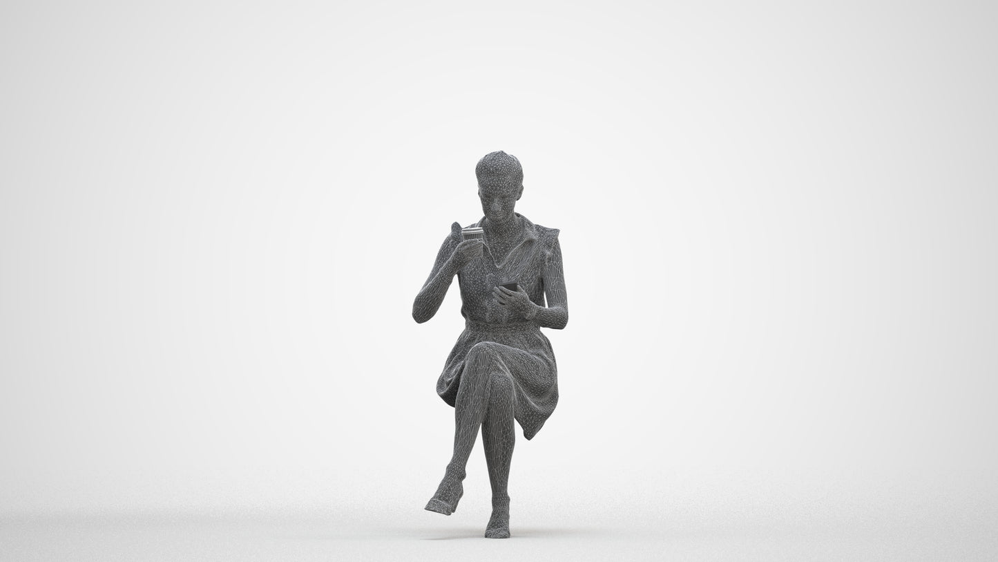 3D scanned woman sitting casual, photorealistic archviz people for Enscape and SketchUp, three-quarter front view render