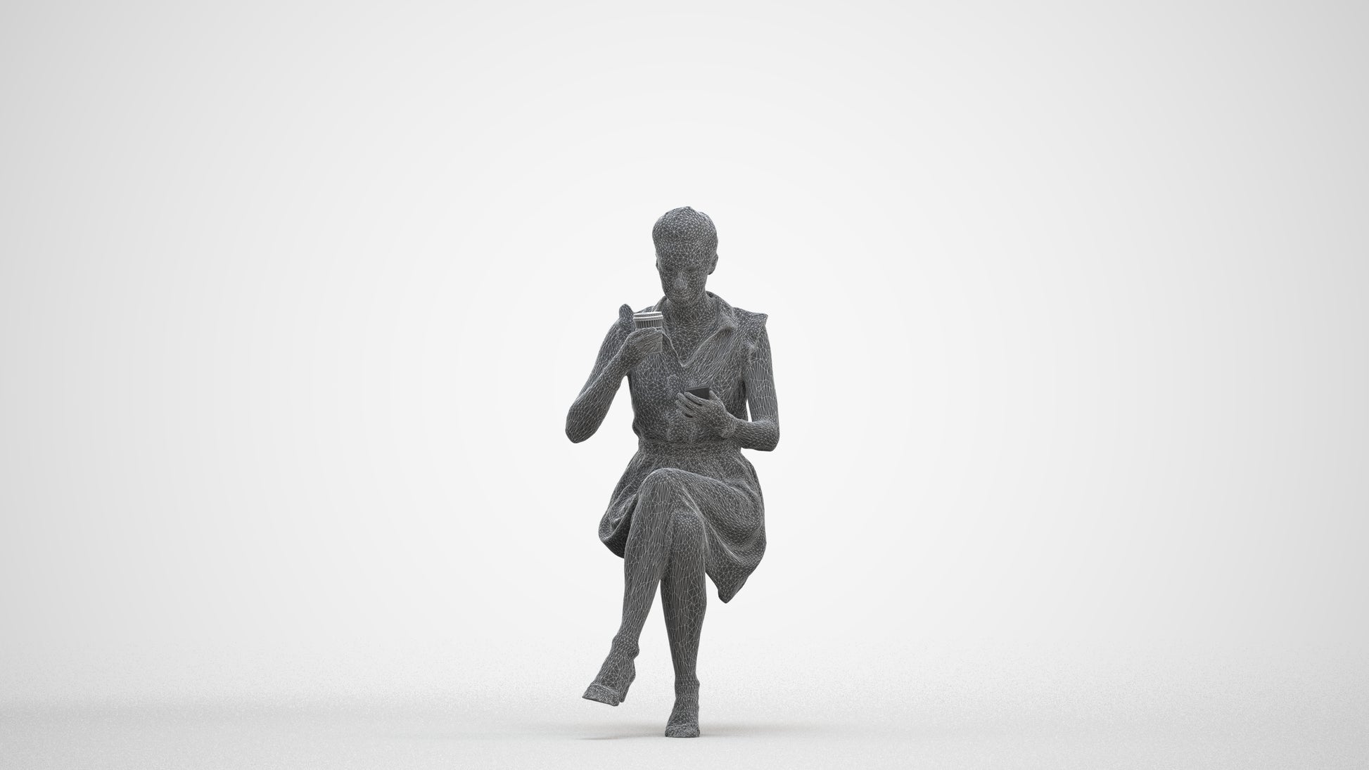 3D scanned woman sitting casual, photorealistic archviz people for Enscape and SketchUp, three-quarter front view render