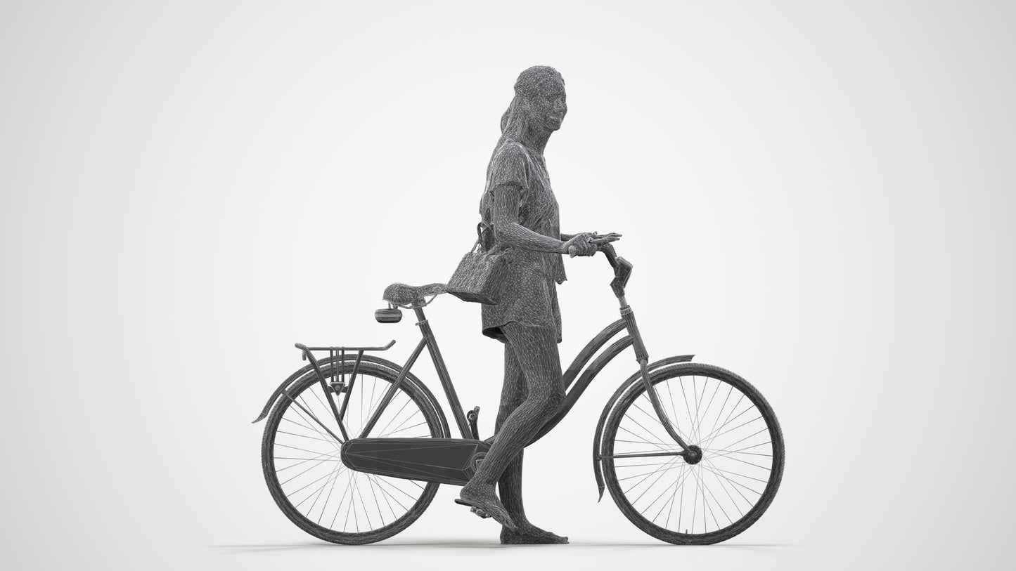 realistic 3D woman casual cycling, scanned archviz people for Blender and 3ds Max, wireframe side view