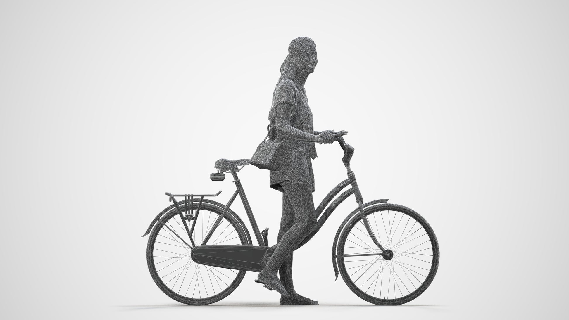 realistic 3D woman casual cycling, scanned archviz people for Blender and 3ds Max, wireframe side view