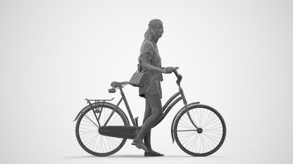realistic 3D woman casual cycling, scanned archviz people for Blender and 3ds Max, wireframe side view