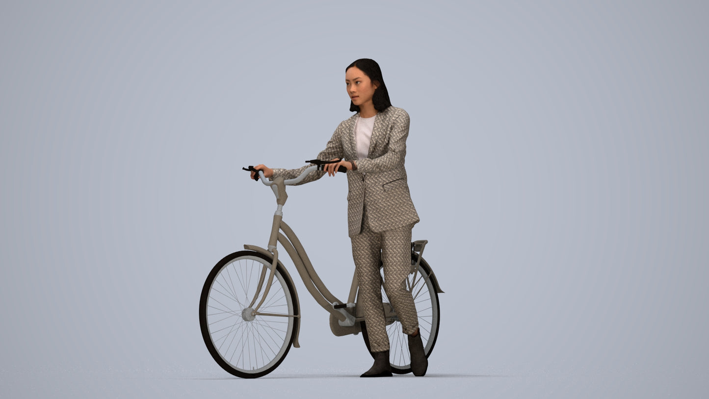 realistic 3D woman business cycling, scanned archviz people for Blender and 3ds Max, top-down view render