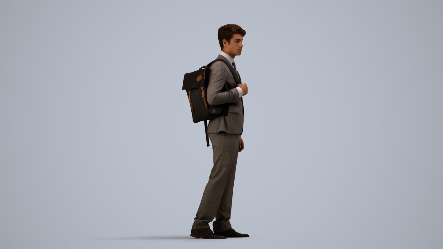3D scanned man walking business, photorealistic archviz people for Enscape and SketchUp, side view render