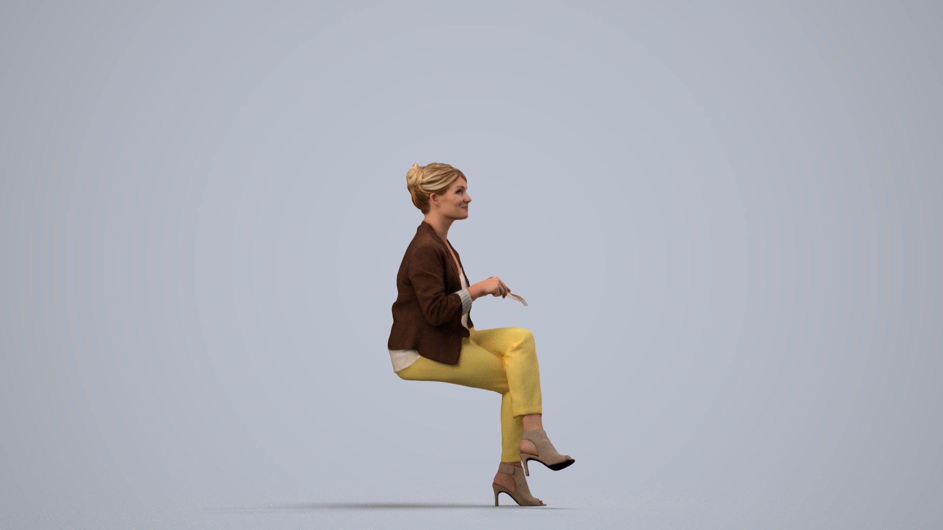 scanned 3D woman business sitting, photogrammetry people for Enscape and V-Ray, side view render