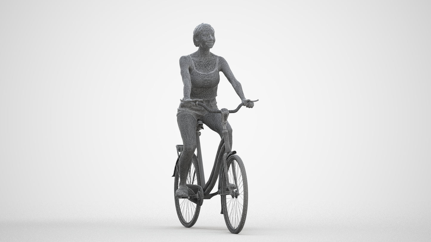 3D human model woman casual cycling, photogrammetry scanned person for archviz, three-quarter front view render