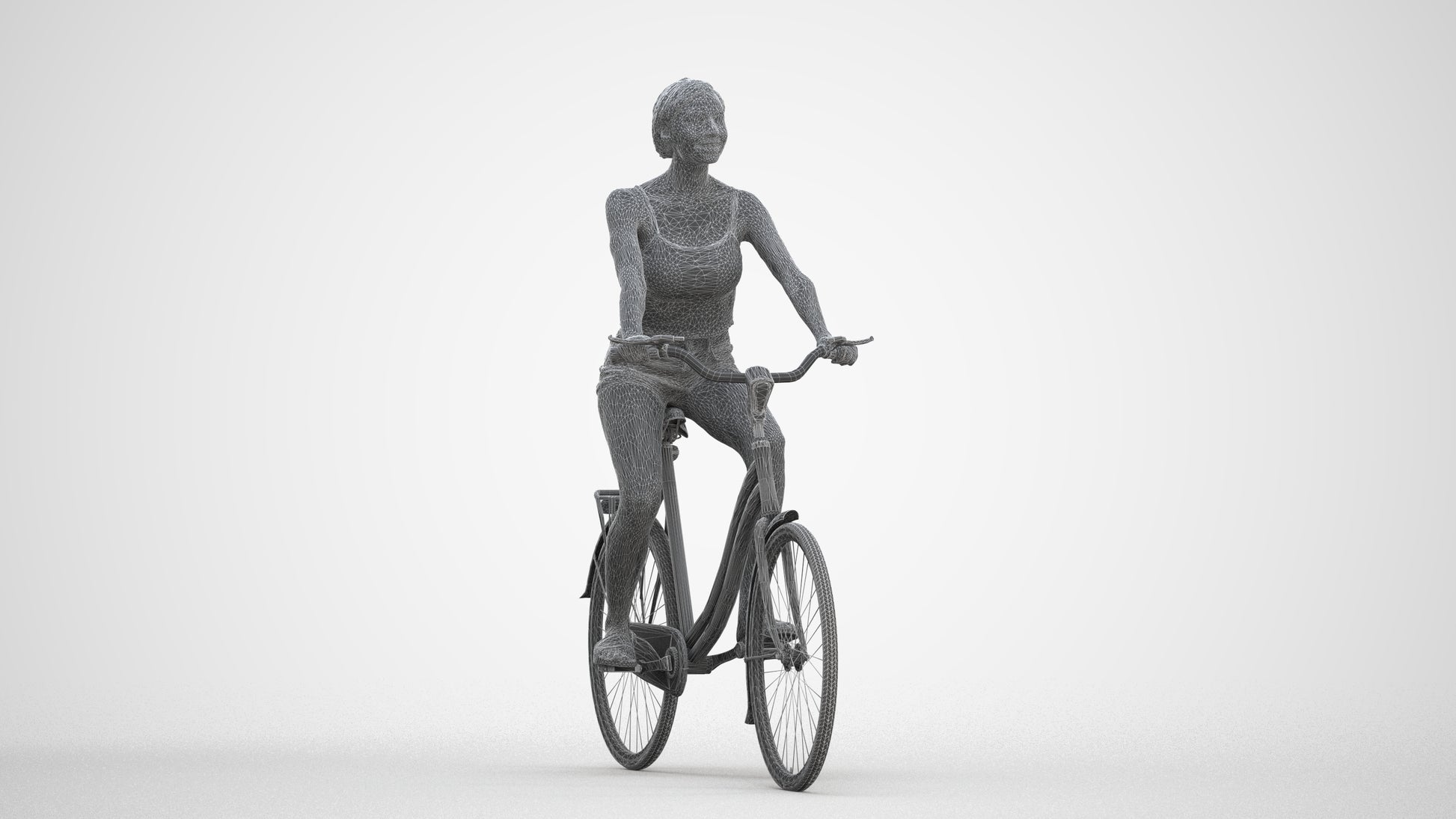 3D human model woman casual cycling, photogrammetry scanned person for archviz, three-quarter front view render