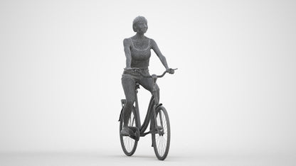 3D human model woman casual cycling, photogrammetry scanned person for archviz, three-quarter front view render