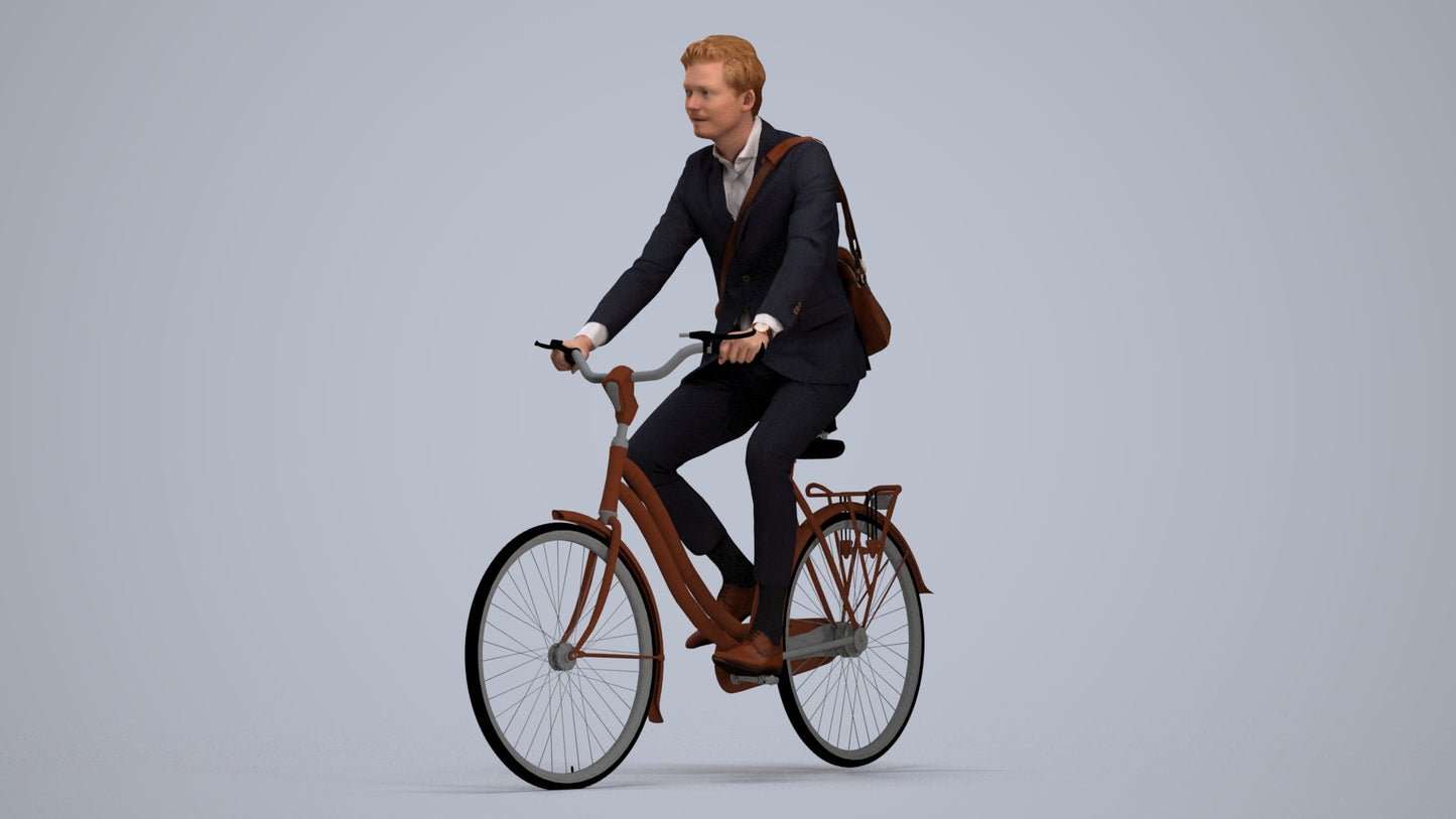 photogrammetry 3D man business cycling, realistic human model archviz FBX, standing pose render