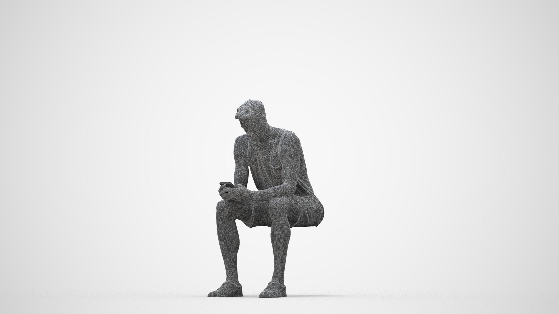 3D people model man casual sitting, scanned human for 3ds Max rendering, wireframe back view