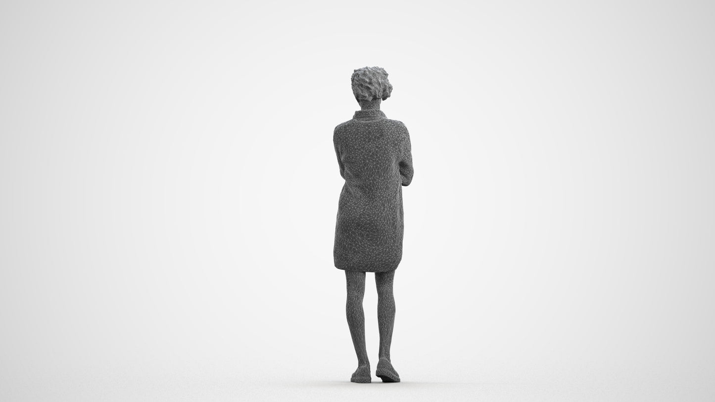 realistic 3D woman casual standing, scanned archviz people for Blender and 3ds Max, wireframe front view