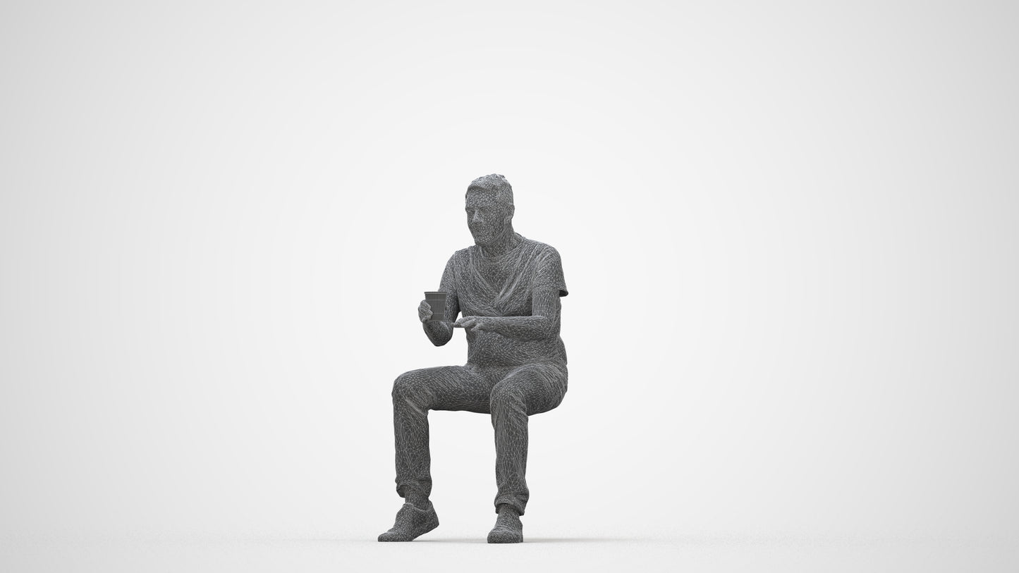 realistic 3D human senior man casual sitting, archviz people FBX OBJ for Blender, wireframe back view
