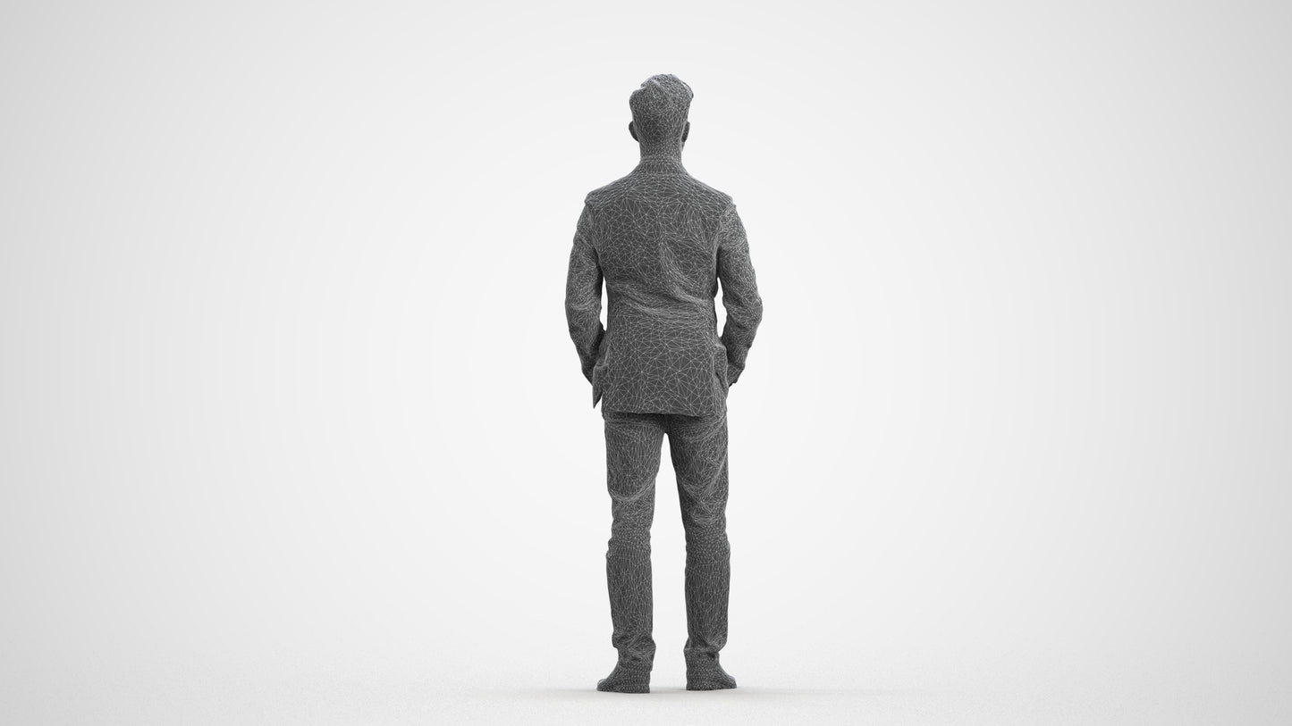3D people model man business standing, scanned human for 3ds Max rendering, wireframe front view