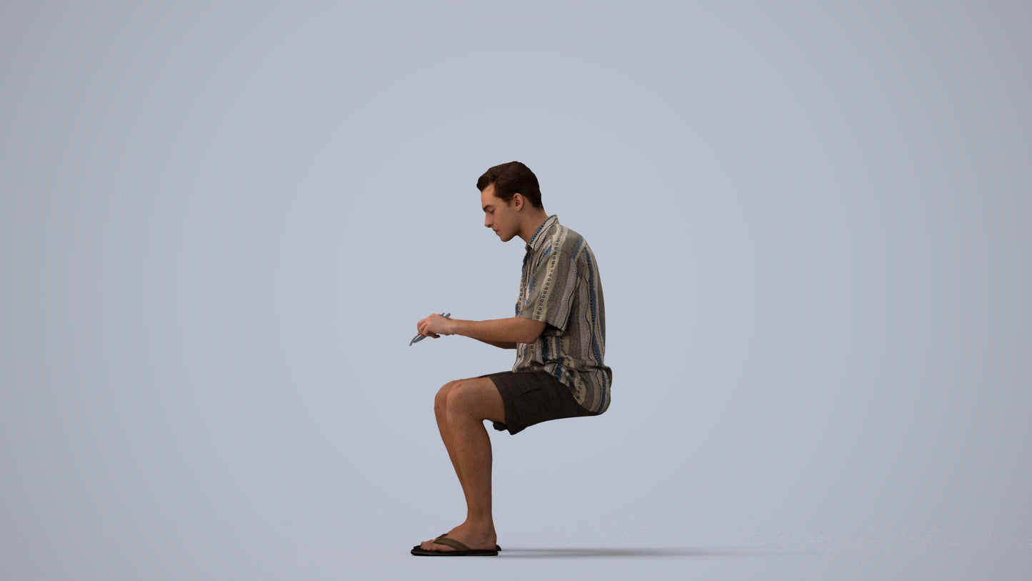 3D human model man casual sitting, photogrammetry scanned person for archviz, three-quarter view render