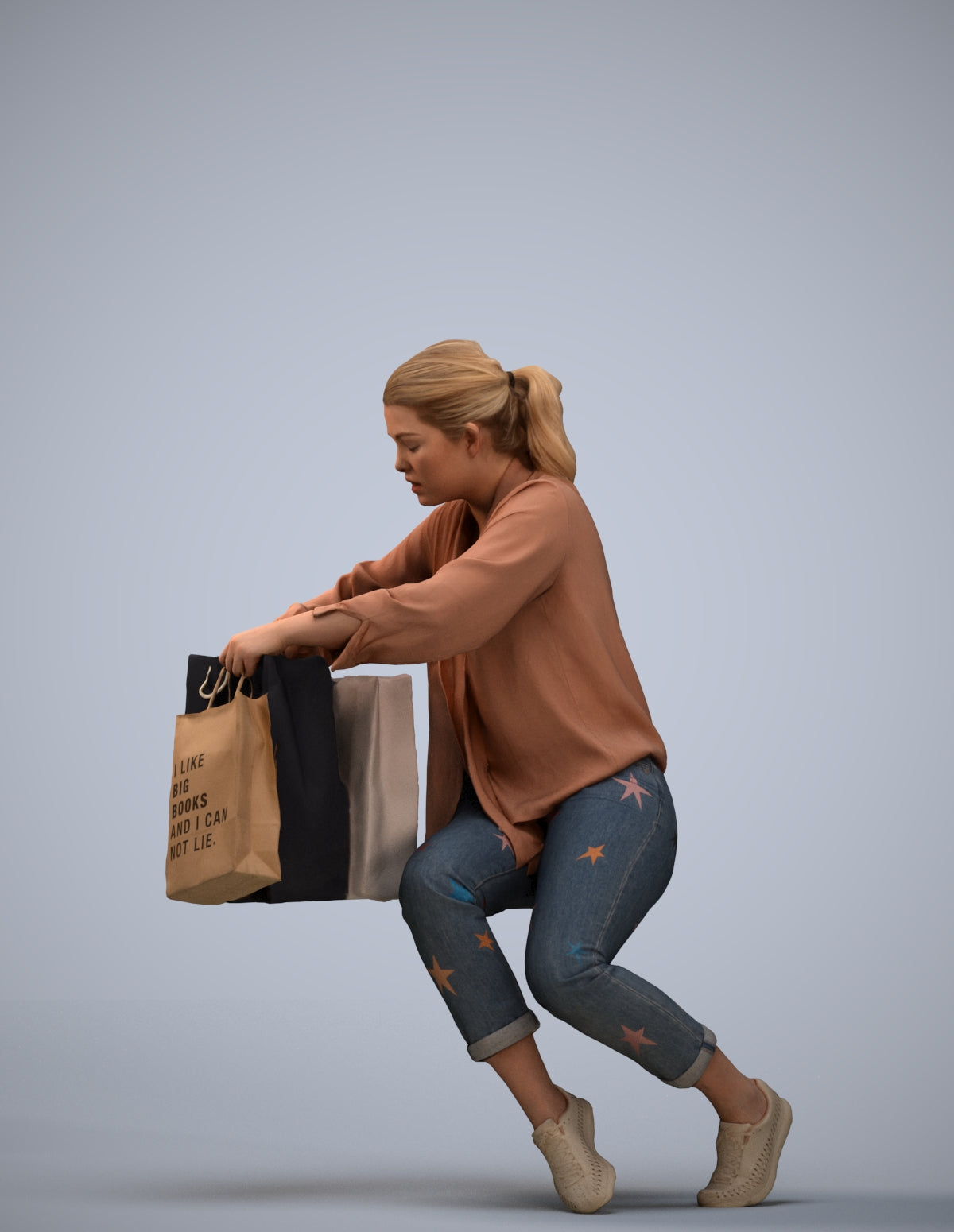 3D human model woman casual shopping, photogrammetry scanned person for archviz