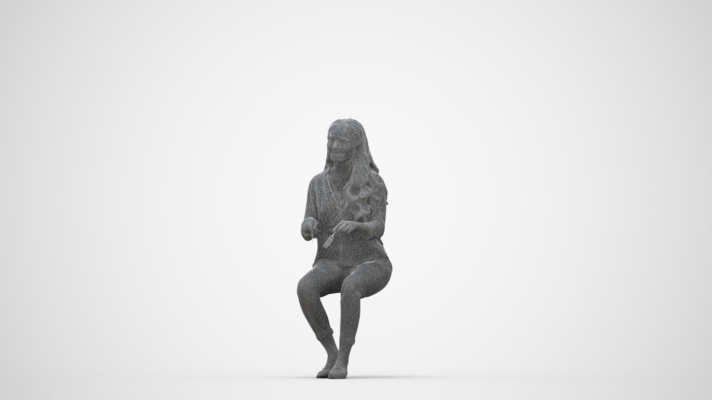 scanned 3D woman casual sitting, photogrammetry people for Enscape and V-Ray, wireframe back view