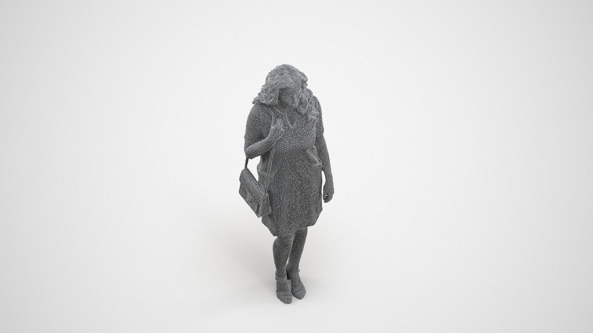 realistic 3D woman business standing, scanned archviz people for Blender and 3ds Max, wireframe three-quarter view