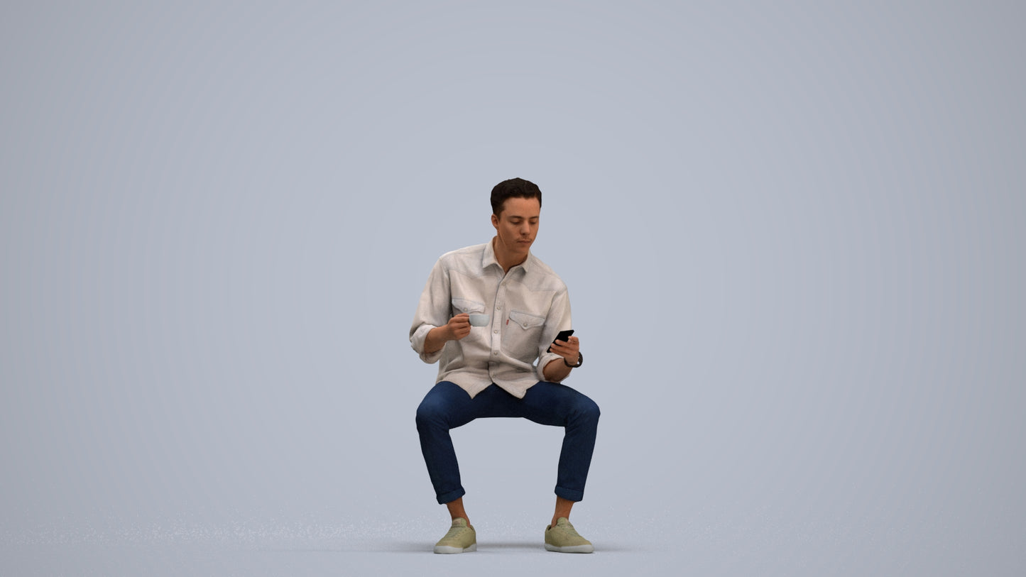 3D human model man casual sitting, photogrammetry scanned person for archviz, standing pose render