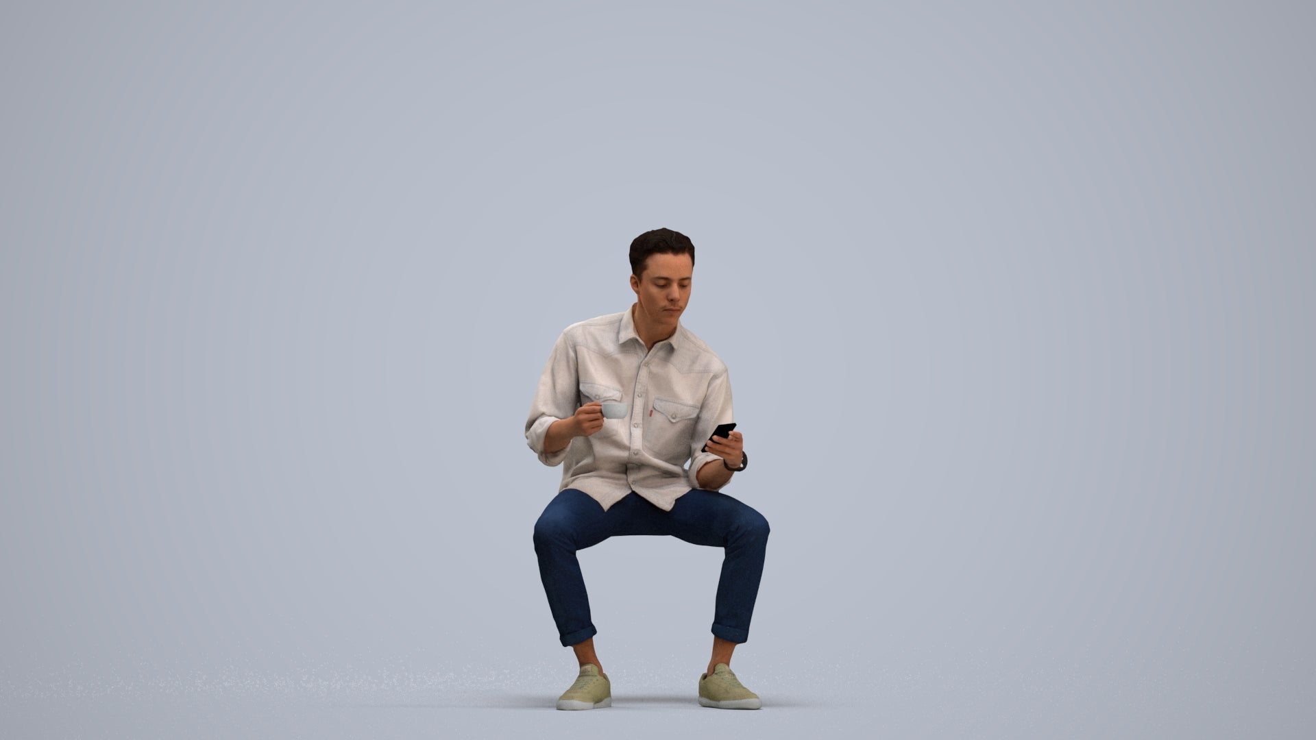 3D human model man casual sitting, photogrammetry scanned person for archviz, standing pose render