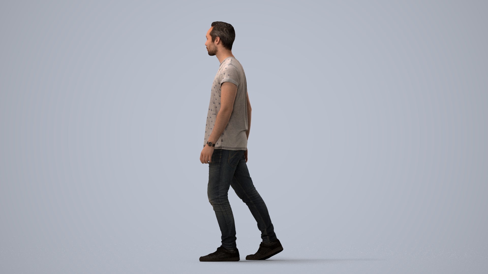 realistic 3D human man casual walking, archviz people FBX OBJ for Blender, three-quarter view render