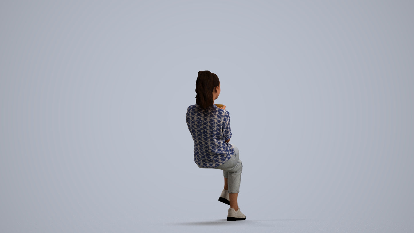 realistic 3D woman casual sitting, scanned archviz people for Blender and 3ds Max, front view render