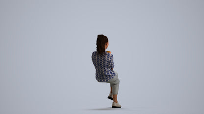 realistic 3D woman casual sitting, scanned archviz people for Blender and 3ds Max, front view render