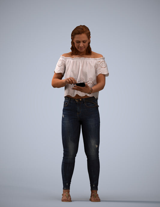 3D human model woman casual standing, photogrammetry scanned person for archviz