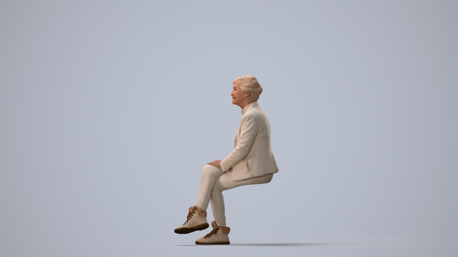 realistic 3D human senior woman business sitting, archviz people FBX OBJ for Blender, three-quarter view render