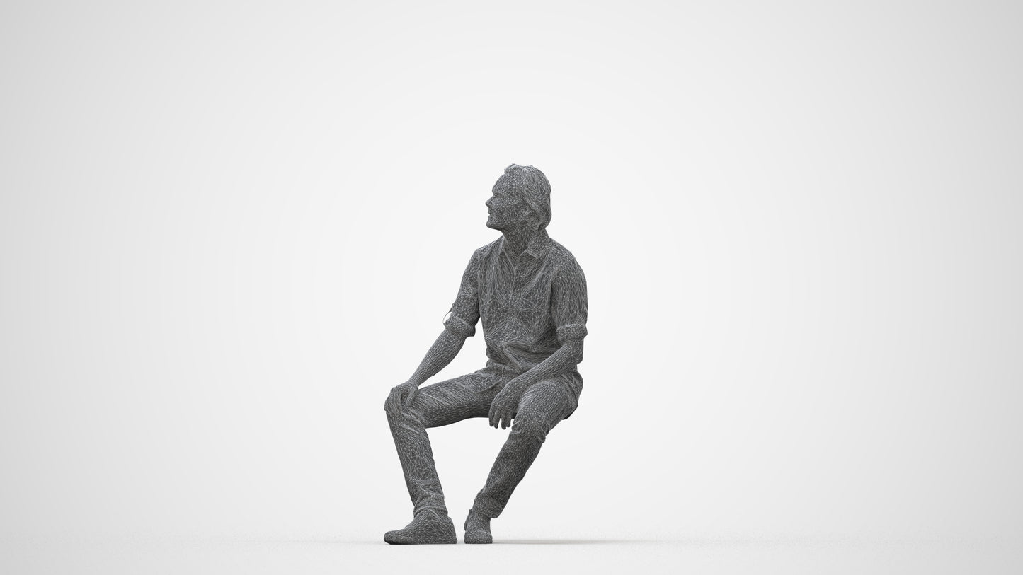 3D scanned man sitting casual, photorealistic archviz people for Enscape and SketchUp, wireframe back view